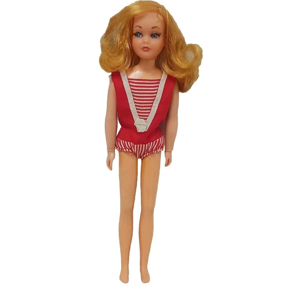 Skipper Barbie Doll 1969 Mattel Strawberry‎ Blonde HAIR EYELASHES Red Swimsuit